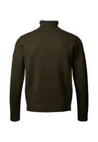 Pulover tricotat verde închis, cu guler înalt ribotat, mâneci lungi și tiv ribotat. Nu există modele sau accente vizibile pe partea din spate.