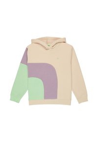 Felpa con cappuccio in morbido cotone beige chiaro con blocchi di colore geometrici viola e verde menta; presenta un piccolo logo sul petto e polsini a costine.