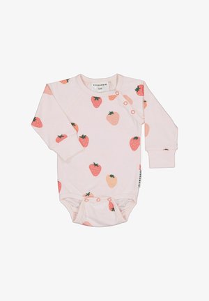 Vaaleanpunainen vauvan pitkähihainen body, jossa olkapäällä ja haaroissa painonapit. Koristeltu punaisilla ja persikanvärisillä mansikkakuviolla.