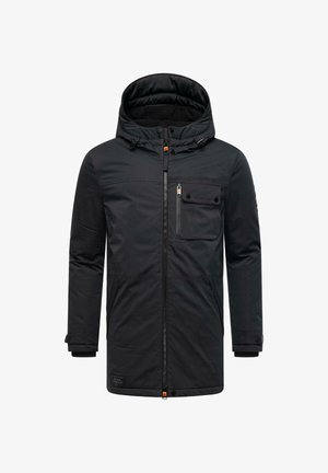 Mustlane isoleeritud jope kõrge krae ja eemaldatava kapuutsiga. Omab tõmblukuga rinda taskut ja kahte küljetaskut. Sile tekstuur.