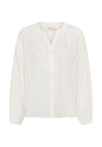 Blusa de lino blanca con escote redondo, mangas largas, cierre de botones y sutiles patrones de textura vertical.