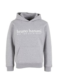 Sivá bavlnená mikina s kapucňou, ktorá má klokanie vrecko, rebrované manžety a kapucňu so šnúrkou. Tlačený text: "bruno banani. NIE PRE KAŽDÉHO."