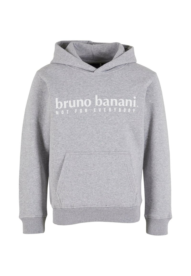 Sivá bavlnená mikina s kapucňou, ktorá má klokanie vrecko, rebrované manžety a kapucňu so šnúrkou. Tlačený text: "bruno banani. NIE PRE KAŽDÉHO."