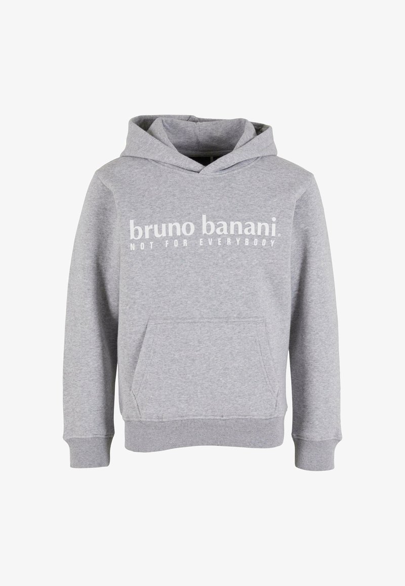 Sivá bavlnená mikina s kapucňou, ktorá má klokanie vrecko, rebrované manžety a kapucňu so šnúrkou. Tlačený text: "bruno banani. NIE PRE KAŽDÉHO."