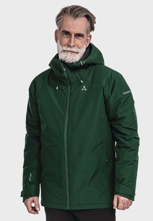 Green waterproof jacket with a zip front, adjustable hood, and elastic cuffs. Features a logo on the chest and smooth texture.