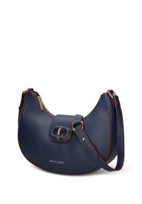 Borsa a spalla in pelle blu navy dalla forma arrotondata, superficie testurizzata e dettagli in oro. Include una chiusura con bottone e una tracolla regolabile.