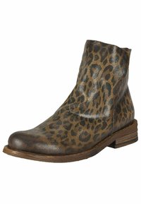 Stivale alla caviglia in stampa leopardata realizzato in pelle, con punta arrotondata, tacco basso impilato e texture liscia. Combinazione di colori marrone e nero.