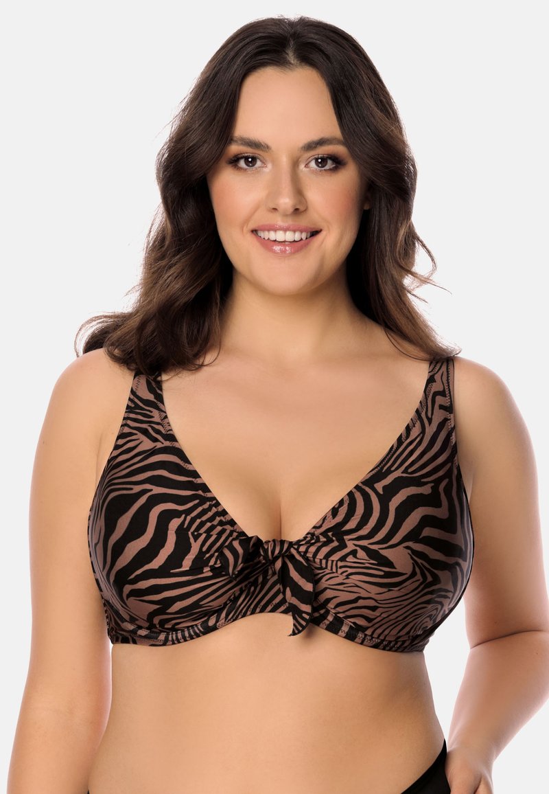Bruin en zwart zebra print beha met een diepe V-hals, brede banden en een strikdetail aan de voorkant, gemaakt van soepele, rekbare stof.