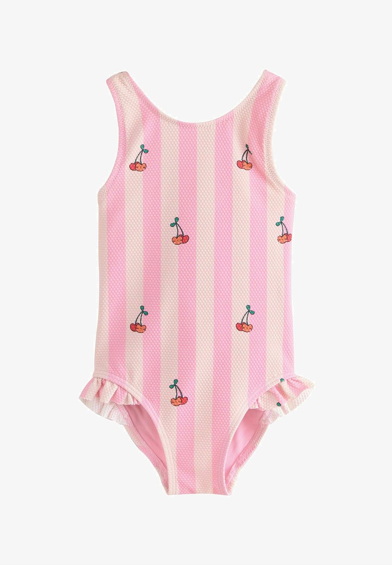 Różowy i biały prążkowany teksturowany strój kąpielowy dla malucha z małymi nadrukami wiśni i falbanami przy nogawkach.