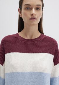 Strickpullover mit horizontalen Streifen in Bordeaux, Weiß und Hellblau. Ribbelkragen und strukturierter Stoff. Lässiger Schnitt.