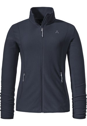 Fleecejacke in Dunkelblau mit hohem Kragen, durchgehendem Reißverschluss und zwei Reißverschluss-Taschen. Strukturierter Stoff mit glatter Oberfläche.