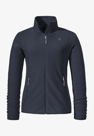 Fleecejacke in Dunkelblau mit hohem Kragen, durchgehendem Reißverschluss und zwei Reißverschluss-Taschen. Strukturierter Stoff mit glatter Oberfläche.