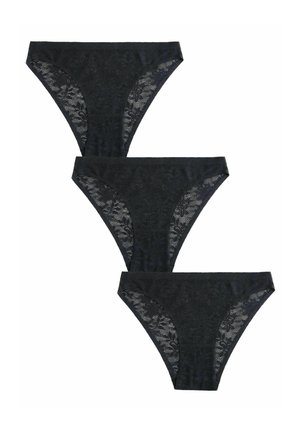 Zwarte kanten slipjes gerangschikt in drie lagen, met bloemmotieven, zachte elastische banden en een naadloos ontwerp voor comfort en pasvorm.