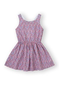 Vestido floral con un cuerpo ajustado y falda acampanada. Fabricado en un tejido ligero con flores rojas, azules y blancas sobre un fondo rosa.