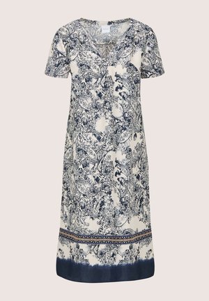 Marineblaue und cremefarbene gemusterte Kleid mit kurzen Ärmeln, V-Ausschnitt und einem dekorativen Band am Saum, das Blumen- und Paisleymuster zeigt.