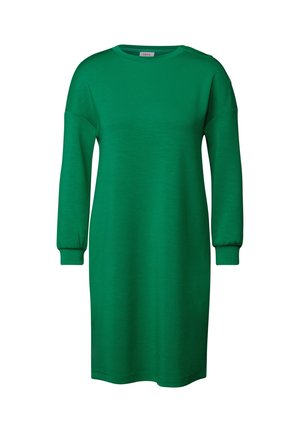 Grünes Langarmkleid aus weichem Material, mit rundem Ausschnitt und elastischen Bündchen, locker sitzend und ohne ausgeprägte Muster.