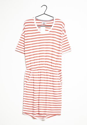 Raidallinen haalaripuku korallinpunaisena ja valkoisena, jossa on V-aukko, lyhyet hihat, joustava vyötärö ja sivutaskut. Kevyt kangas, rento malli.