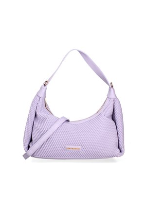 Borsa a tracolla intrecciata viola con silhouette arrotondata, caratterizzata da una superficie testurizzata, un'unica tracolla e una chiusura con zip.