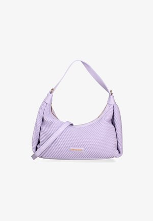 Paarse geweven handtas met een ronde silhouette, voorzien van een gestructureerd oppervlak, een enkele schouderband en een ritsluiting.