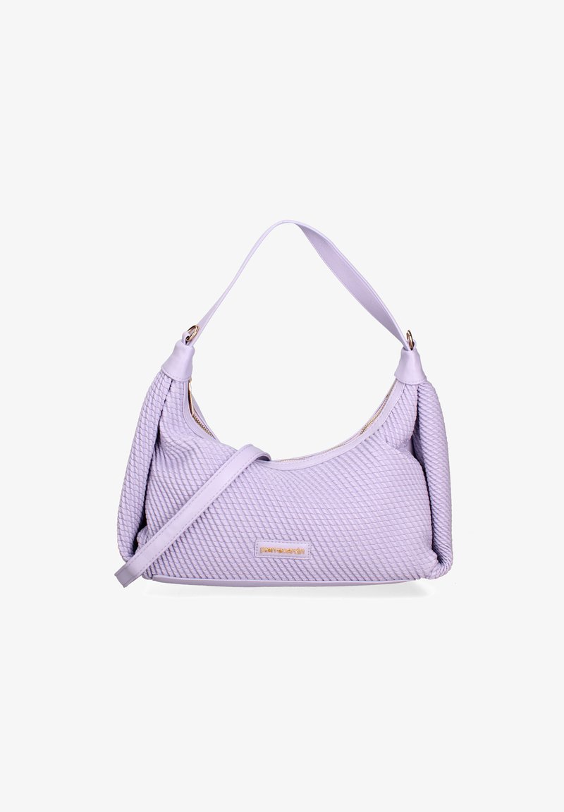 Paarse geweven handtas met een ronde silhouette, voorzien van een gestructureerd oppervlak, een enkele schouderband en een ritsluiting.
