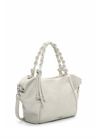 Valge nahast käekott pehme tekstuuriga, punutud sangade ja reguleeritava õlarihmaga. Omab sõlmitud detaile ja lukustuspaisumist.