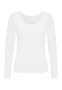 Hosszú ujjú fehér felső kerek nyakkivágással. Puha anyagból készült, testhez simuló szabással, sima felülettel, minta vagy díszítés nélkül.