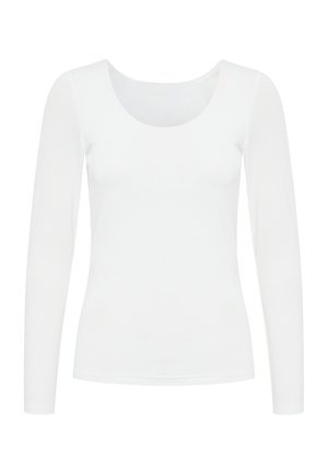 Langærmet hvid top med rund halsudskæring. Fremstillet af blødt stof, med en tætsiddende pasform og glat tekstur uden mønstre eller pynt.