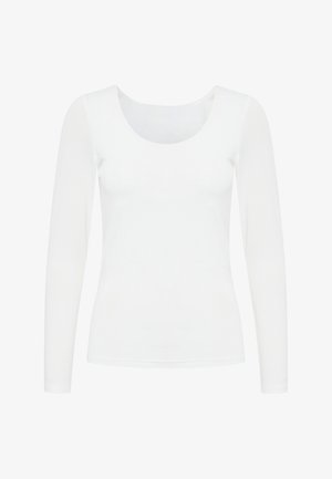 Wit top met lange mouwen en een ronde halslijn. Gemaakt van zacht stof, met een aansluitend ontwerp en een gladde textuur zonder patronen of versieringen.