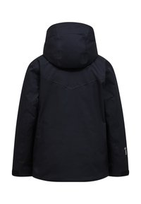Schwarze wasserdichte Jacke mit Kapuze, Chevron-Nähten auf dem Rücken und verstellbaren Manschetten. Hergestellt aus einem langlebigen, strukturierten Material.