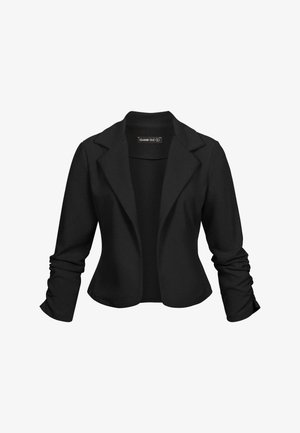 Zwarte blazer van zachte stof, met een getailleerde pasvorm, notch-lapels en opgerolde mouwen. Glad uiterlijk zonder zichtbare versieringen.