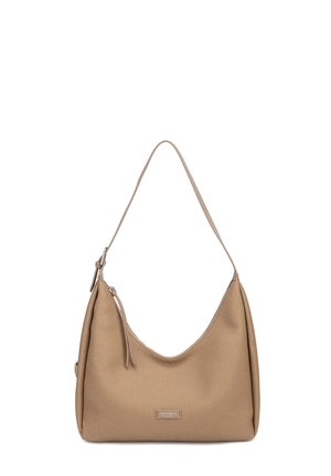 Borsa a tracolla in pelle beige con tracolla regolabile, chiusura con zip e piccolo logo del marchio sul davanti al centro.