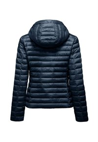 Giacca puffer blu navy con cappuccio, caratterizzata da pannelli a quadri orizzontali, una texture liscia e maniche aderenti per il calore.