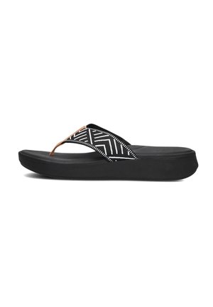 Zwarte flip-flop met een getextureerde rubberen zool, voorzien van een zwart-wit gestippeld bandje en een kleine bruine accent op de teenband.