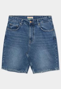 Denim shorts in middelblauw, met een hoge taille, vijf zakken, metalen hardware, een zachte textuur en een rechte snit.