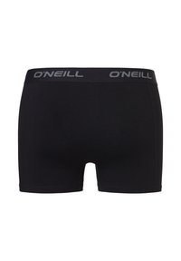 Zwarte aansluitende boxershorts van zacht materiaal, met een brede grijze tailleband waarop het "O'Neill" logo is gedrukt. Eenvoudig ontwerp, geen patronen.
