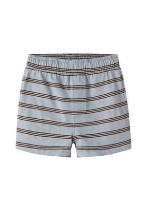 Light blue shorts with brown horizontal stripes and elastic waistband, front view on a white background.