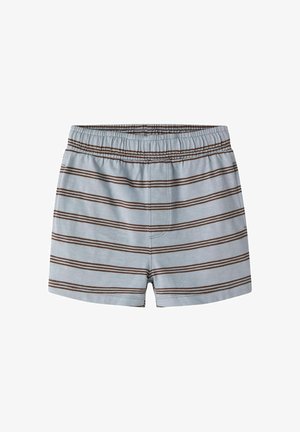 Hellblaue Shorts mit braunen horizontalen Streifen und elastischem Bund, Vorderansicht auf weißem Hintergrund.