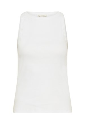 Weißes ärmelloses, geripptes Tanktop mit rundem Ausschnitt und figurbetontem Schnitt vor einem schlichten Hintergrund.