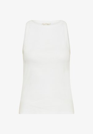Canotta bianca senza maniche a coste con scollo rotondo e taglio aderente su sfondo semplice.