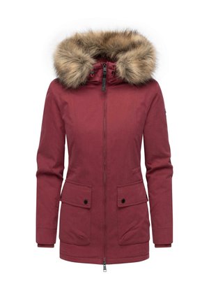 Roter wasserdichter Parka mit abnehmbarem Kunstfellkragen, Frontreißverschluss, zwei großen Klapptaschen und elastischen Bündchen. Glatte Textur.