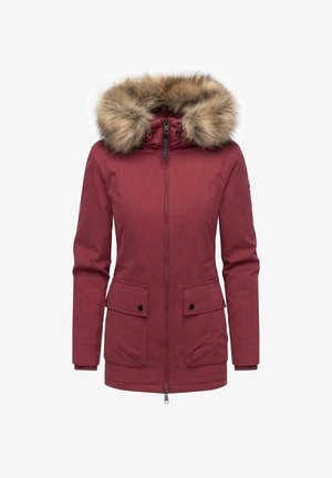 Red waterproof parka with a detachable faux fur hood, front zip closure, two large flap pockets, and elastic cuffs. Smooth texture.