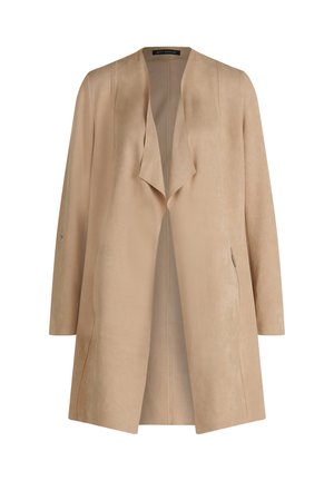 Manteau beige en suédine synthétique à ouverture devant, manches longues, deux poches latérales zippées, silhouette décontractée et surdimensionnée. Texture lisse, design minimaliste.