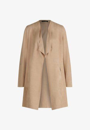 Manteau beige en suédine synthétique à ouverture devant, manches longues, deux poches latérales zippées, silhouette décontractée et surdimensionnée. Texture lisse, design minimaliste.