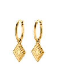 Orecchini a cerchio in oro con pendente a forma di diamante dotato di dettagli embossati e una superficie liscia, progettati per una chiusura sicura.