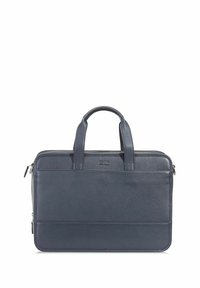 Skórzana torba na laptopa w ciemnym granacie. Posiada podwójne uchwyty, zamek błyskawiczny oraz gładką teksturę z minimalistycznym wzornictwem i bez widocznych elementów metalowych.