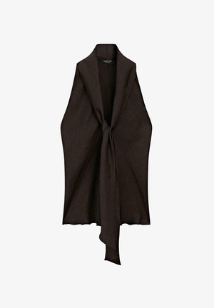 Brun, letvægtsbeklædning med åben front og knudedetalje i midten. Lavet af tekstureret stof, har den en flydende, draperet form.