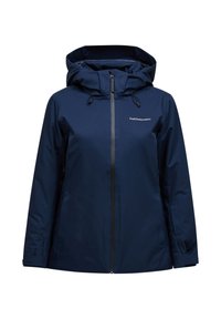 Marineblaue wasserdichte Jacke mit Kapuze, voller Frontreißverschluss, verstellbaren Zugbändern und dem Peak Performance Logo auf der Brust.