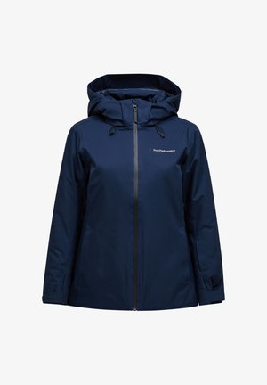 Marineblaue wasserdichte Jacke mit Kapuze, voller Frontreißverschluss, verstellbaren Zugbändern und dem Peak Performance Logo auf der Brust.