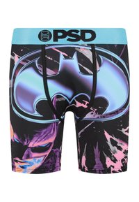 Sous-vêtements noirs avec une ceinture bleue comportant un grand logo Batman brillant. Le tissu présente un motif abstrait coloré avec des accents roses et violets.