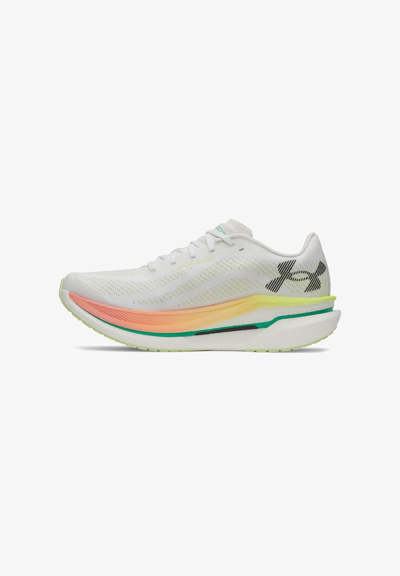 White Under Armour running shoe with multicolored sole, mesh upper, lace-up design, and black logo on the heel side.